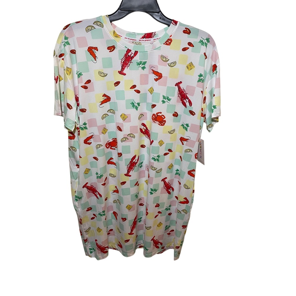 JoySpun Womens Seafood Boil Lobster Crab Sleepshirt Nightgown White 2X-3X NEW